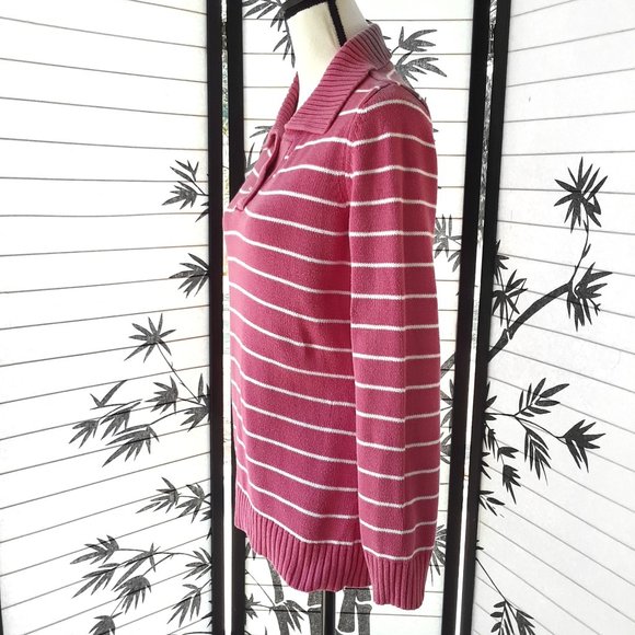 Liz Claiborne Pink White Striped Ribbed Knit Collared Sweater Size M - Picture 5 of 10